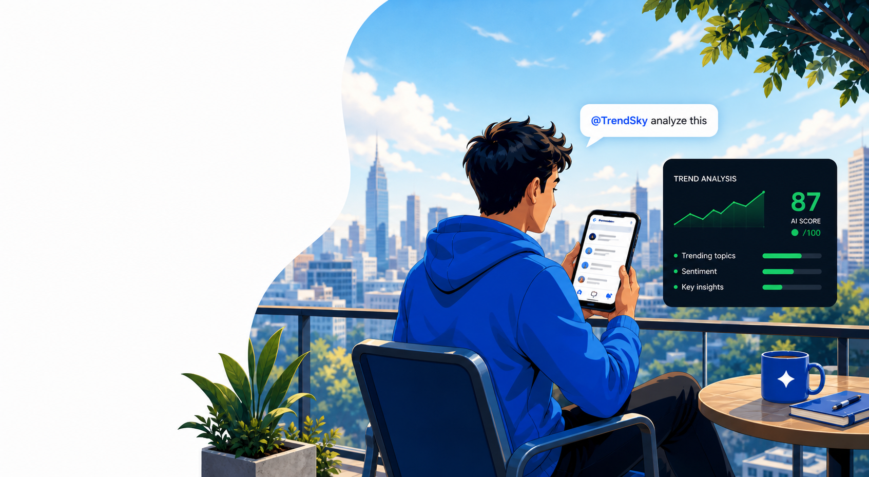 Person checking a phone while TrendSky trend analysis appears nearby.